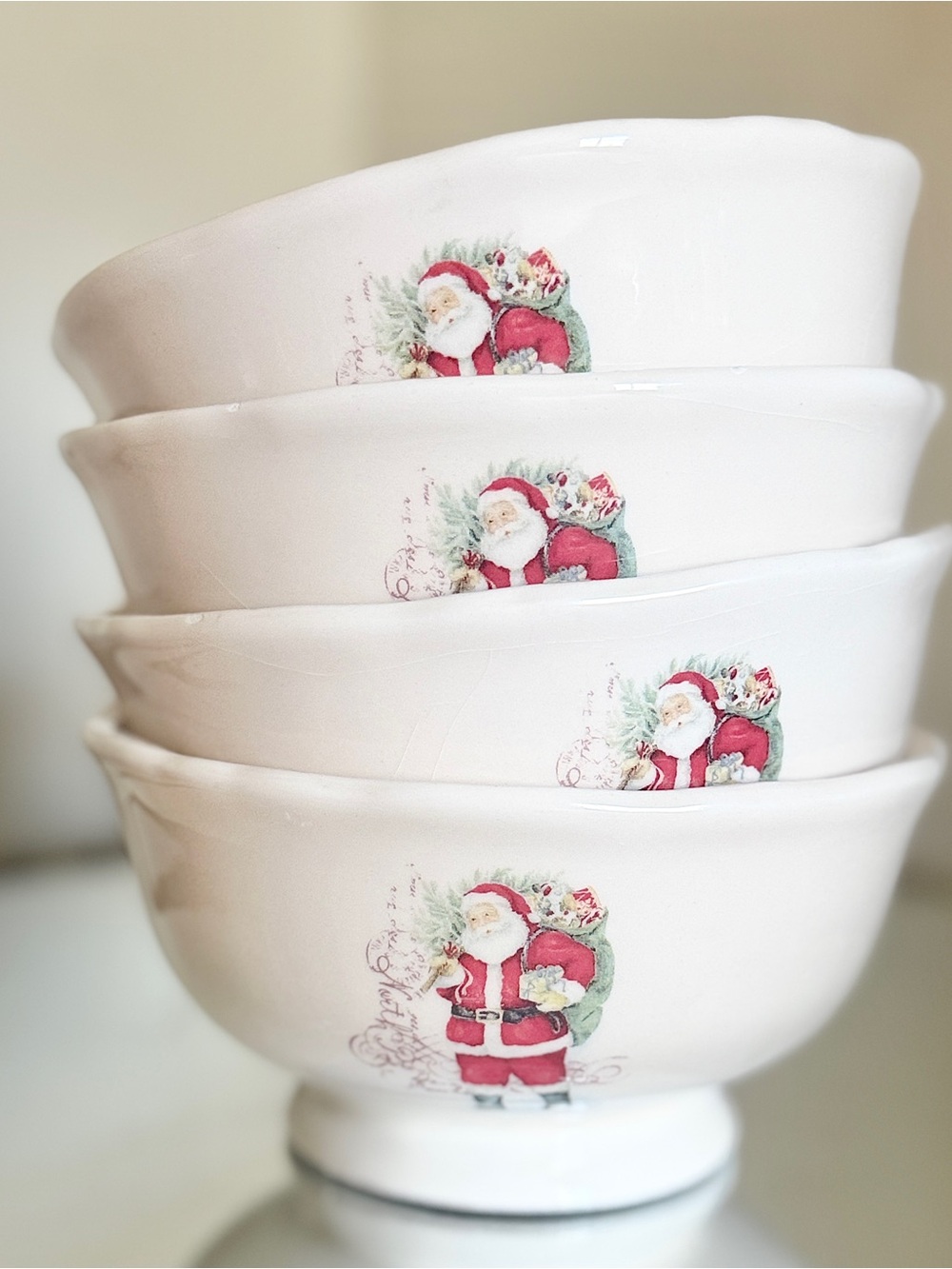Magenta White Ceramic Bowls with Santa Holiday Decal